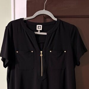 Anne Klein Black Short Sleeve Top with Gold Zipper